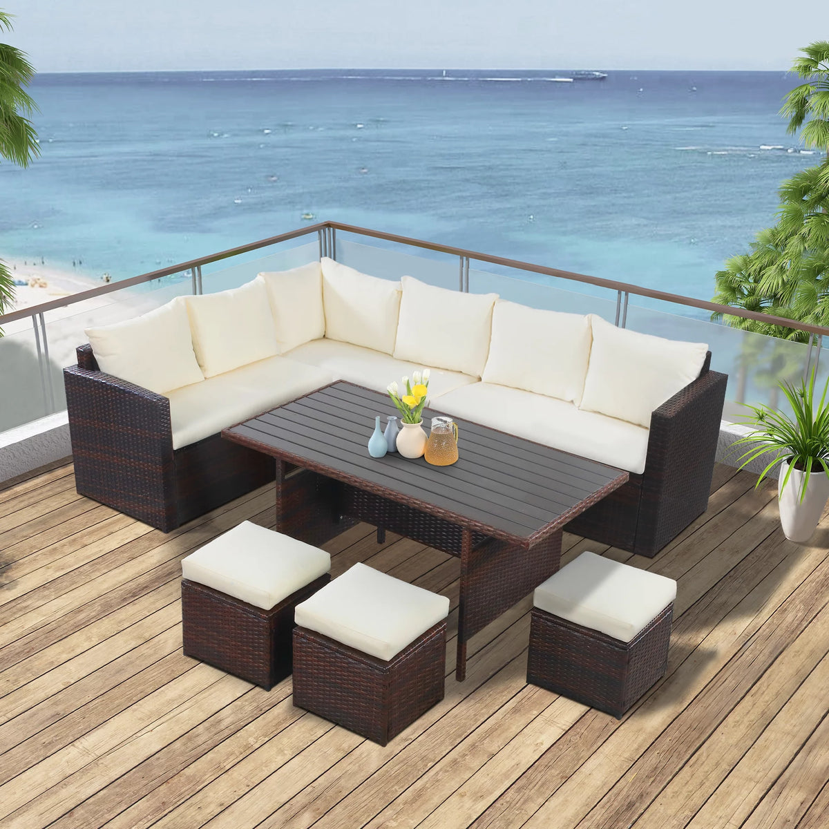 7 Piece All Weather Wicker Patio Furniture Set with Ottoman E45409