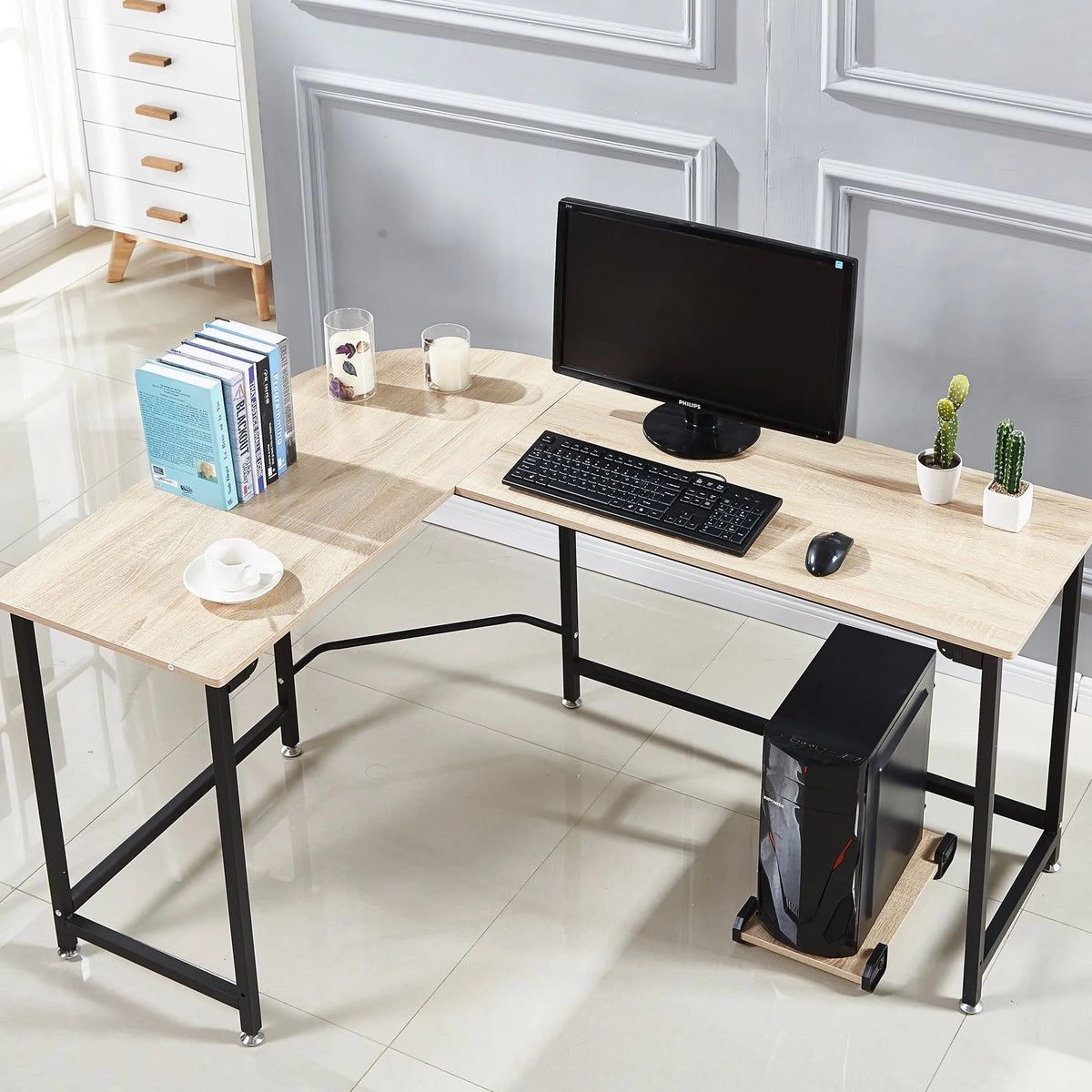 L-shaped Corner Computer Desk Workstation Wood and Metal Large Size B2355