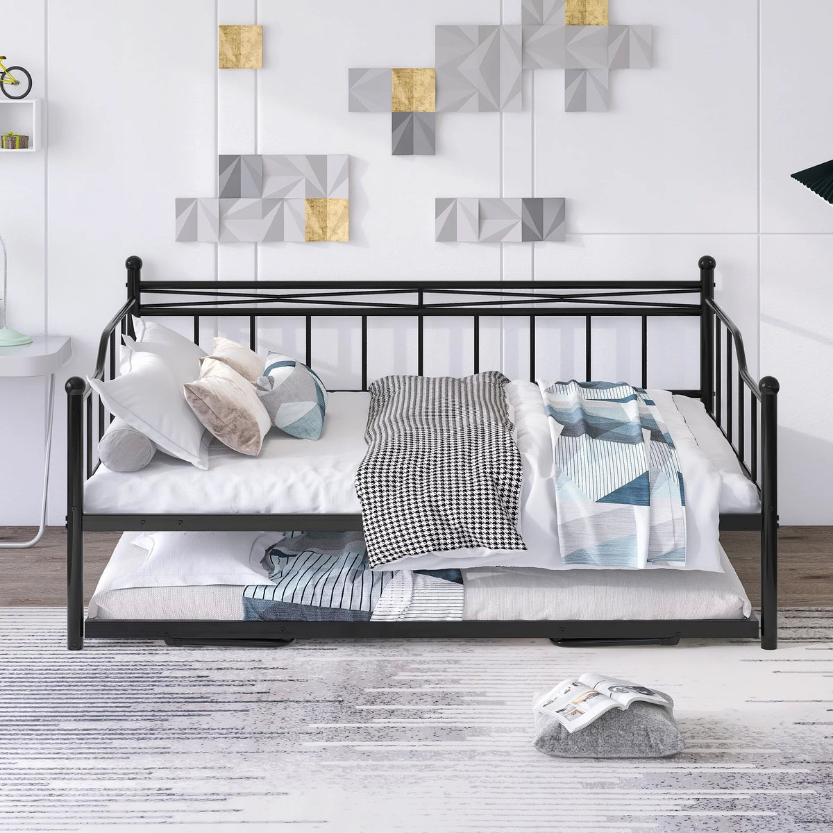 Full Size Black Metal Daybed with Twin Size Adjustable Trundle B27212