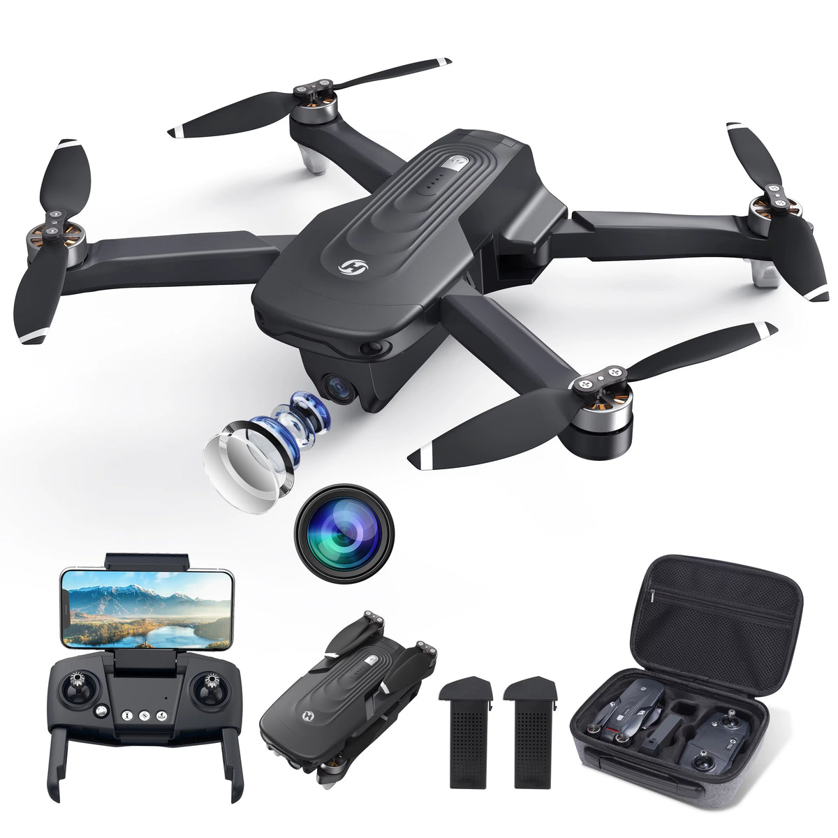 4K Camera Foldable GPS Drone with 2 Batteries, Black C7778