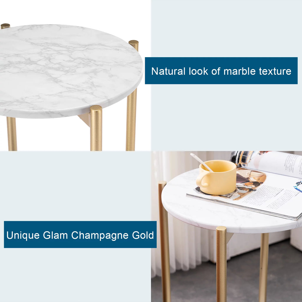 Gold White 2-Tier Round Faux Marble End Table C8291