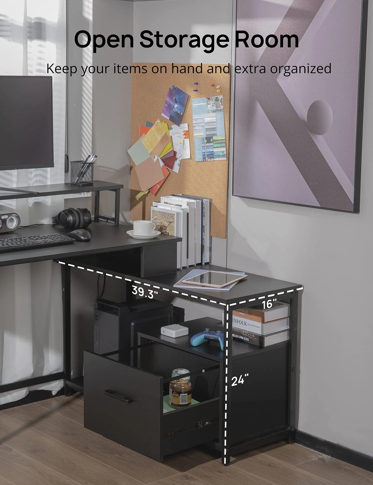 L-Shaped Computer Desk with File Drawer and Monitor Shelf A9340