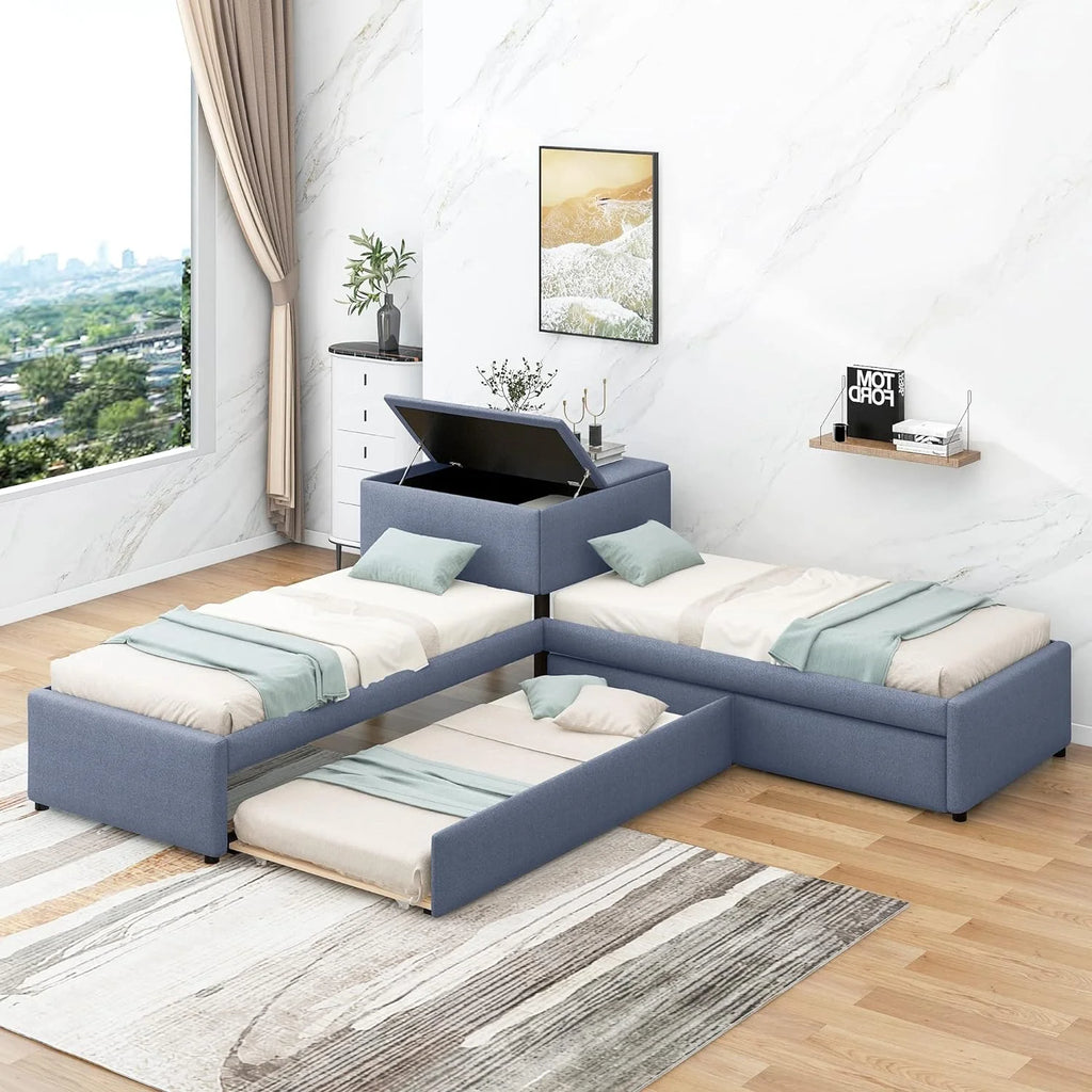 Upholstered L-Shaped Platform Bed Frame With Trundle And Drawers A343