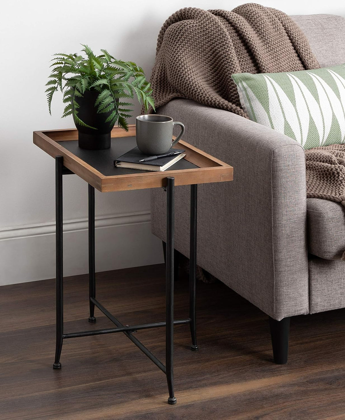 Industrial Modern Wood and Slate Side Accent Table with Black Iron Metal Base X7915