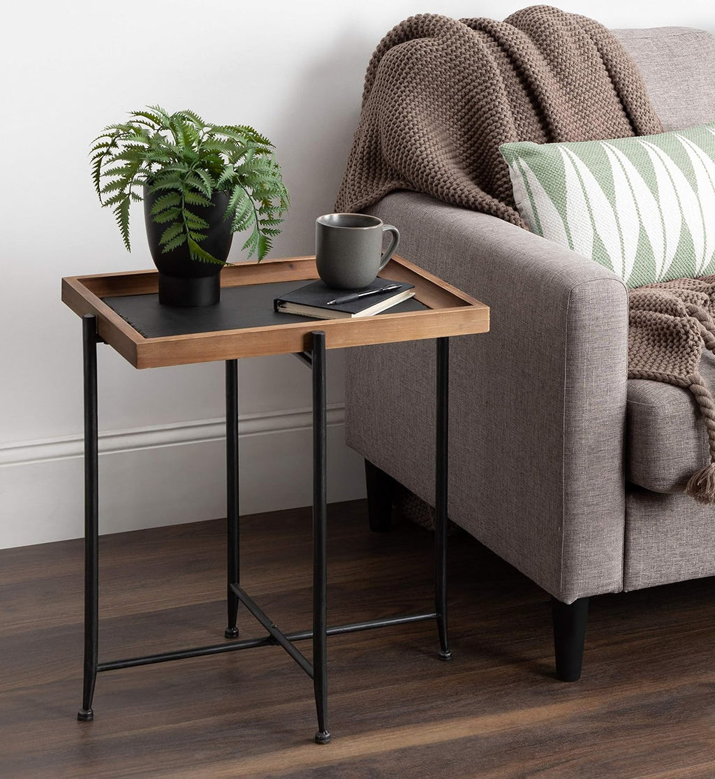 Industrial Modern Wood and Slate Side Accent Table with Black Iron Metal Base X7915