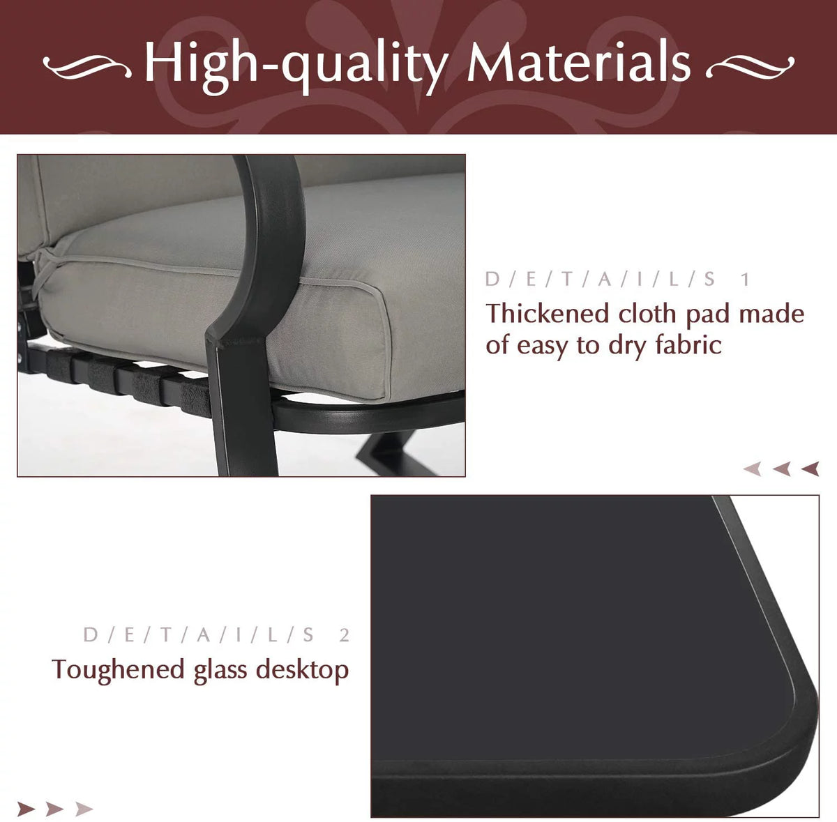 3-Piece Black Metal Rocking Chairs and Table with Brown Cushions K935015