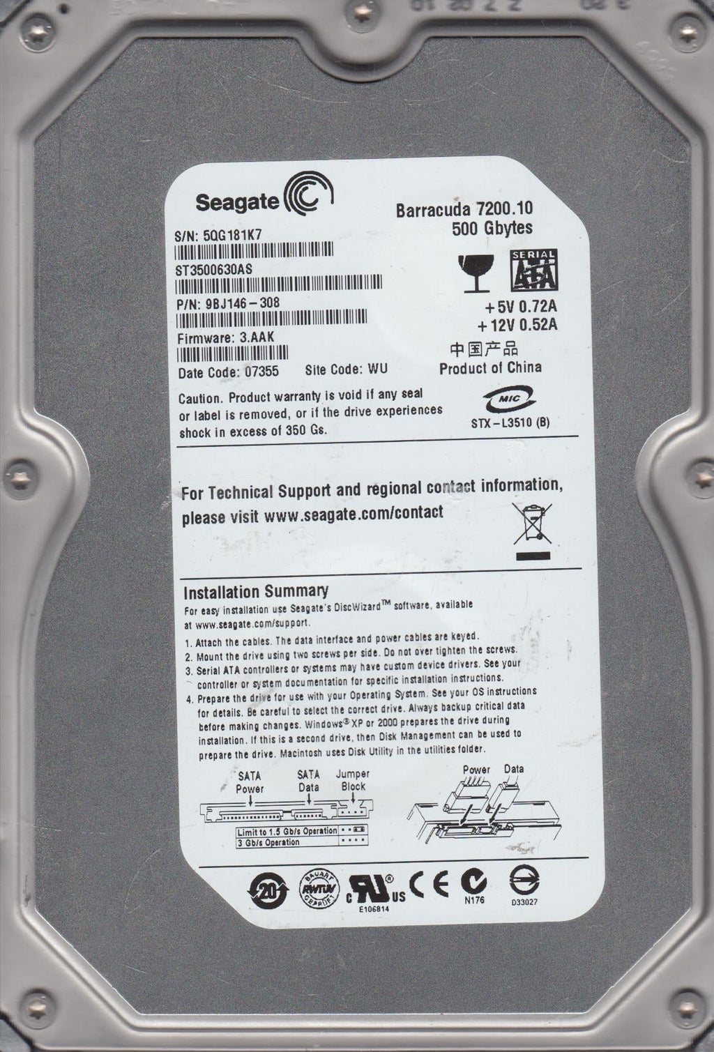 500GB SATA 3.5 Hard Drive D957459