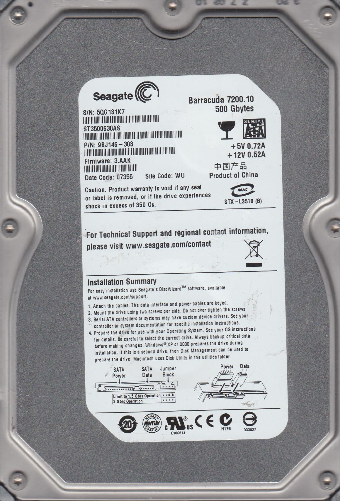 500GB SATA 3.5 Hard Drive D957459