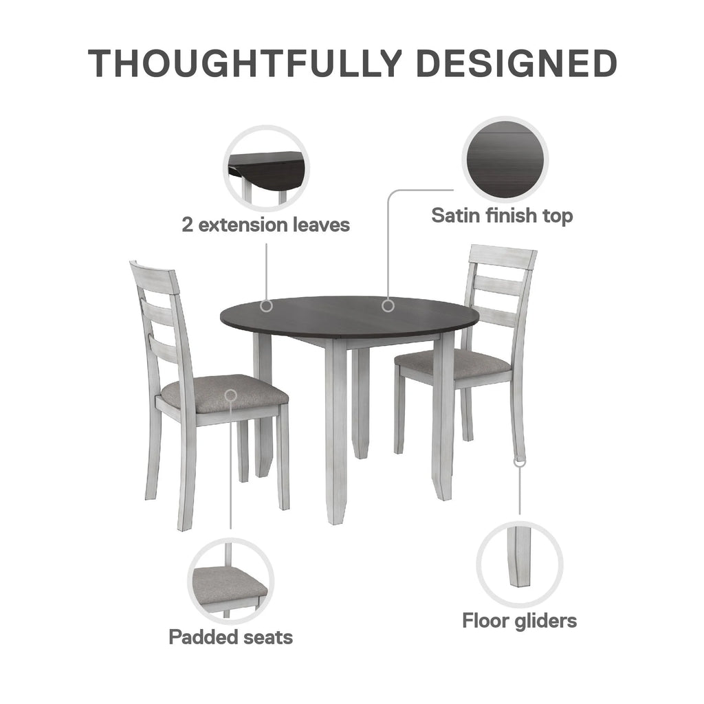 3-Piece Drop Leaf Wood Dining Set with Round Table and 2 Chairs I100220
