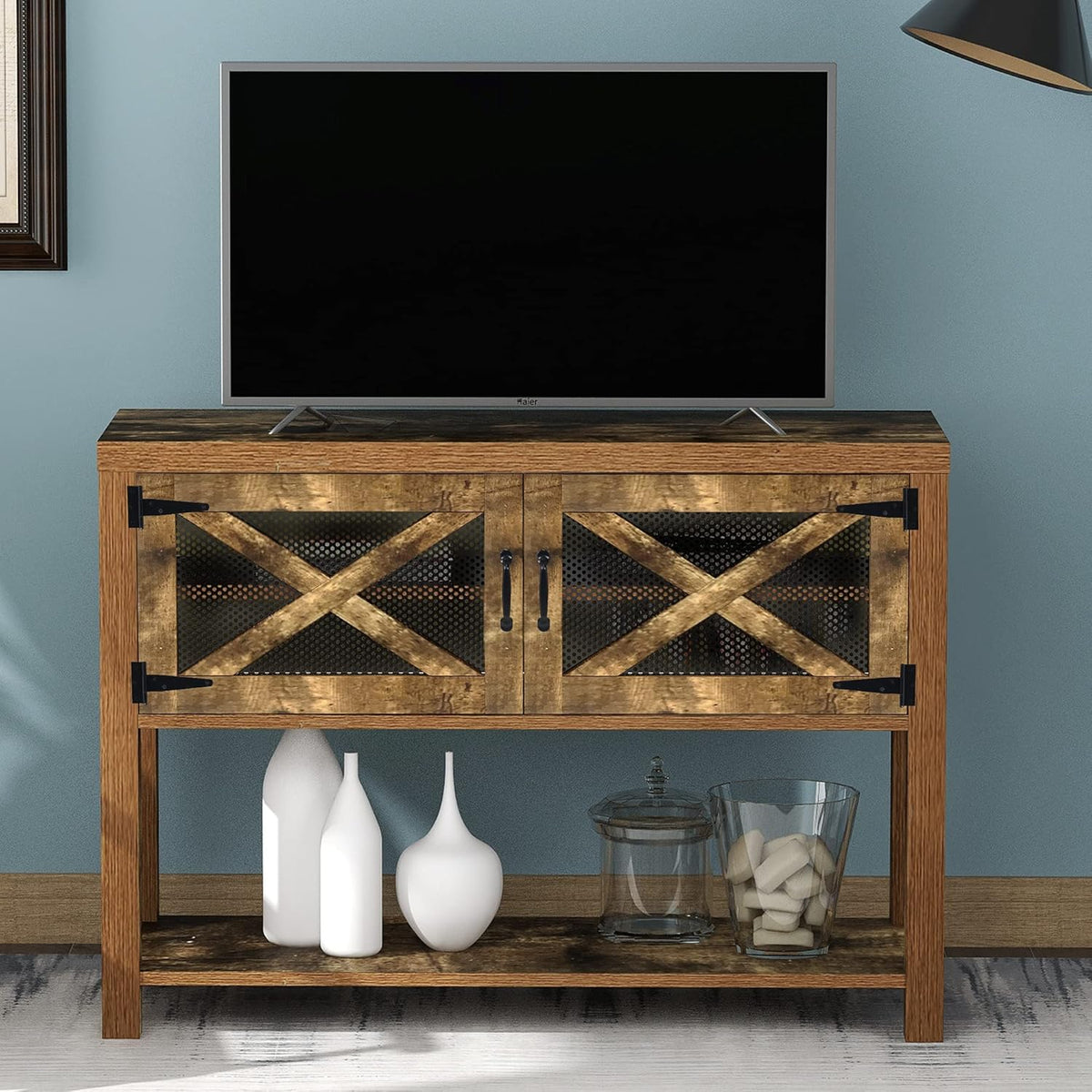 44 inch Rustic Console Table with Storage Cabinets and Bottom Shelf D95703