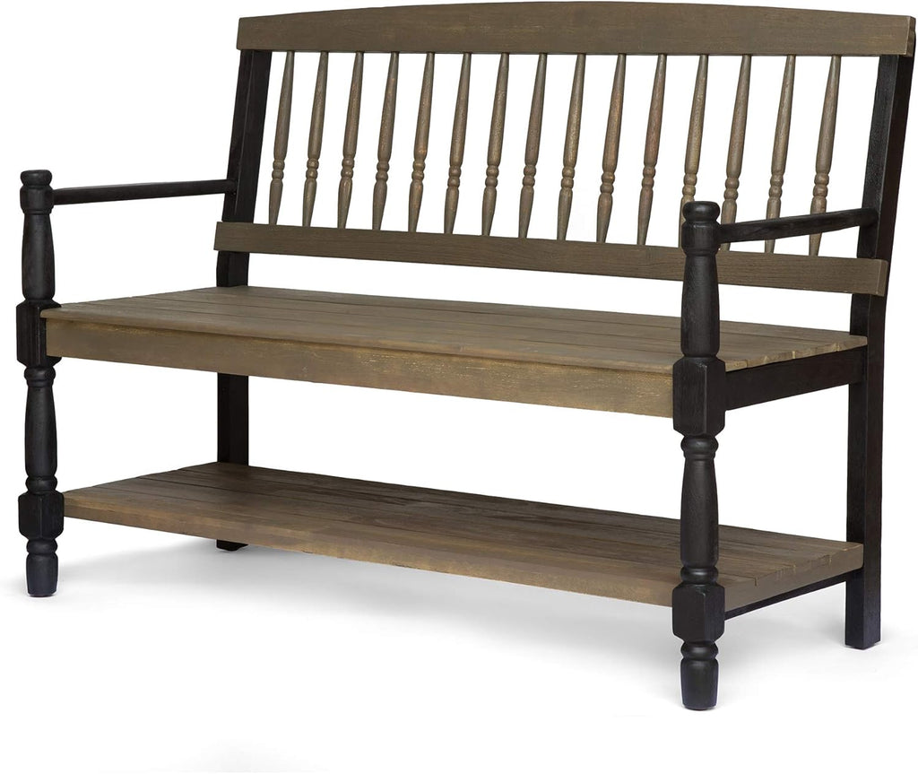 Gray and Black Acacia Wood Bench with Shelf U699124