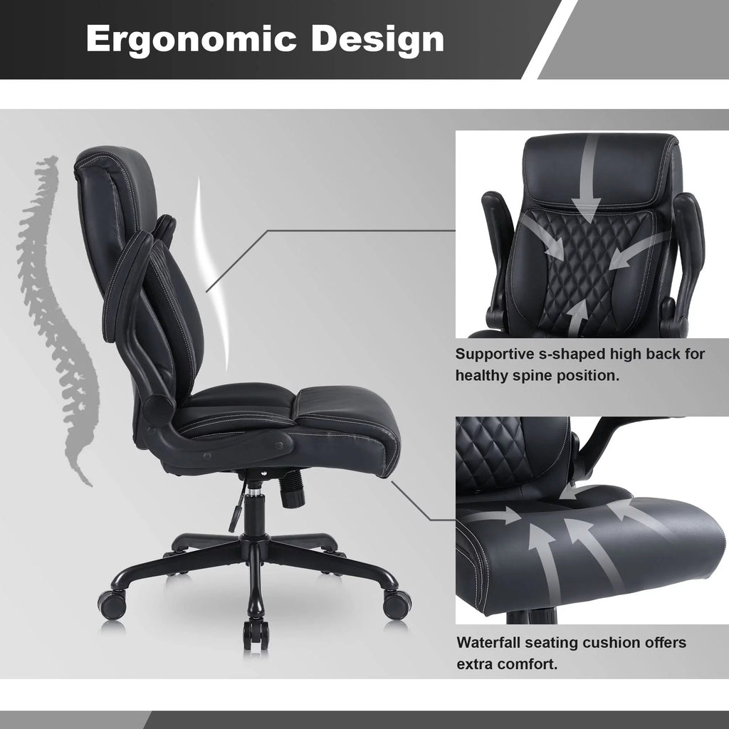 Black Ergonomic PU Leather Executive Office Chair with Lumbar Support Y475527