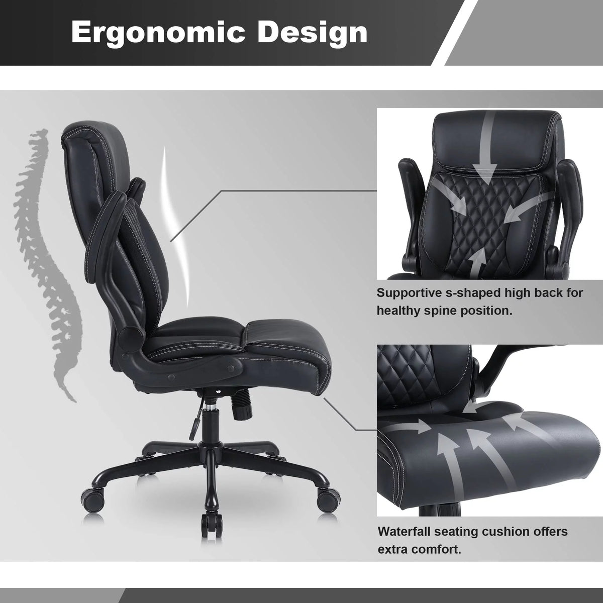 Black Ergonomic PU Leather Executive Office Chair with Lumbar Support Y475527