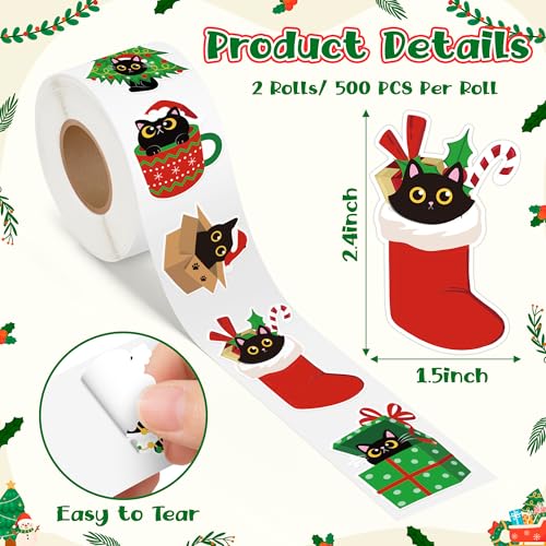 Black Cat Sticker 1000Pcs 2 Rolls 16 Patterns Waterproof Self-Adhesive Decals Z6406