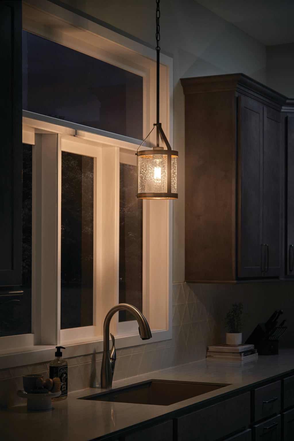 Distressed Black and Wood Seeded Glass Mini Pendant Light U7626