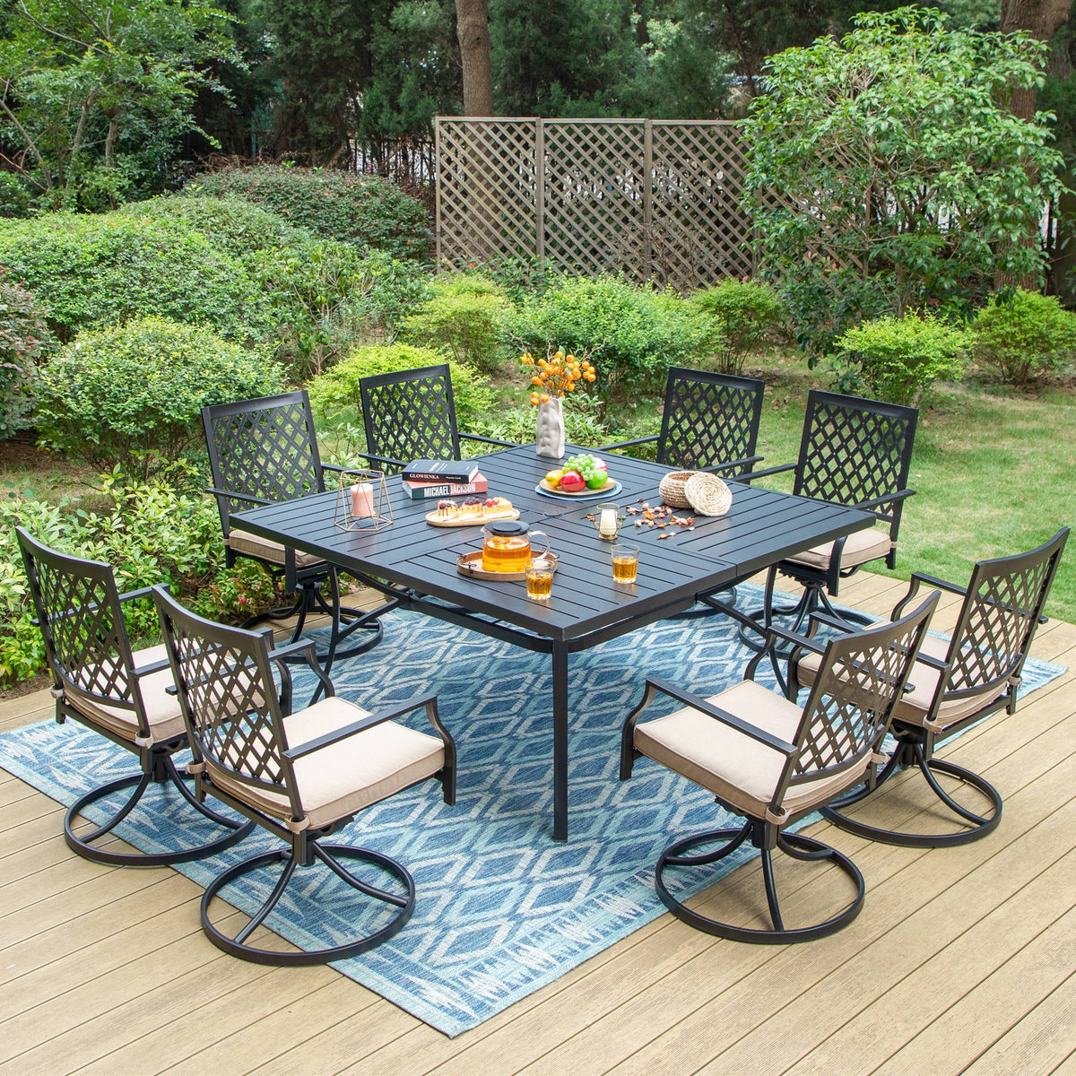9-Piece Outdoor Dining Set with 8-Seat Table & Swivel Cushioned Chairs K89319