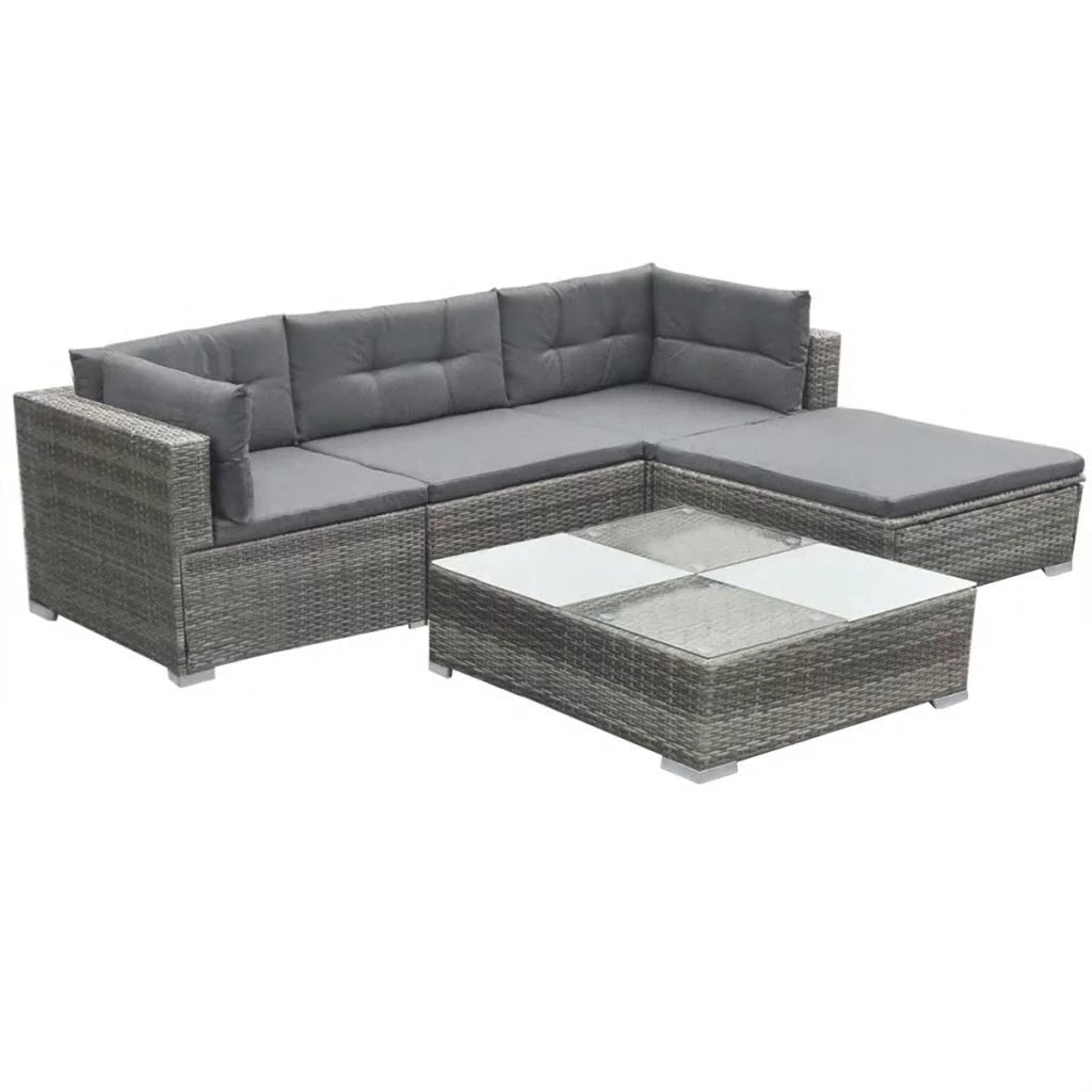 5 Piece Cushioned Sofa and Corner Sofas with Footrest Tea Table Gray Poly Rattan Outdoor Furniture Set X379