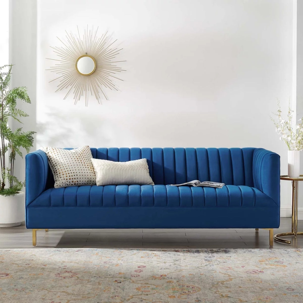 Navy Gold Channel Tufted Performance Velvet Sofa F821