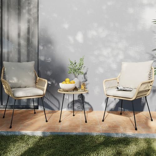 Blue 3 Pieces Upholstered Rattan Patio Bistro Set with Coffee Table J105997