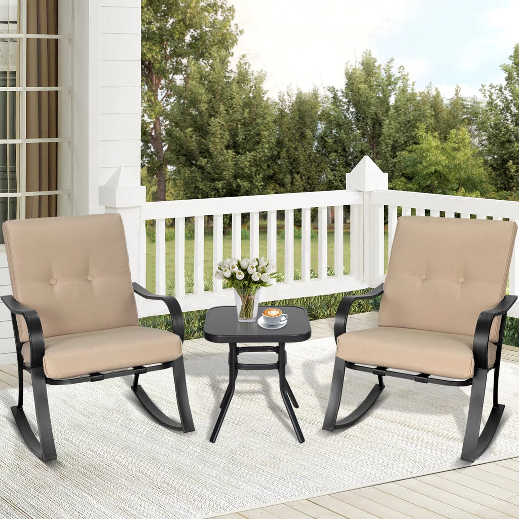 3-Piece Black Metal Rocking Chairs and Table with Brown Cushions K935015