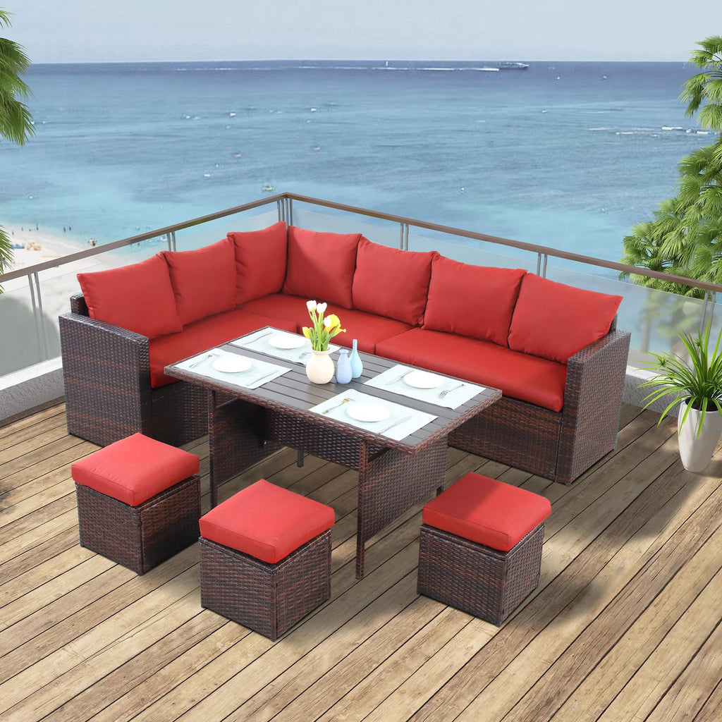 7 Piece All Weather Wicker Patio Furniture Set with Ottoman E45409