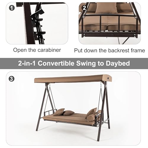 Outdoor Patio Porch Swing with Adjustable PVC Canopy, 3-seat Swing Chair Bench with Side Cup Holder, Cushions and Pillow Included, Grey G861