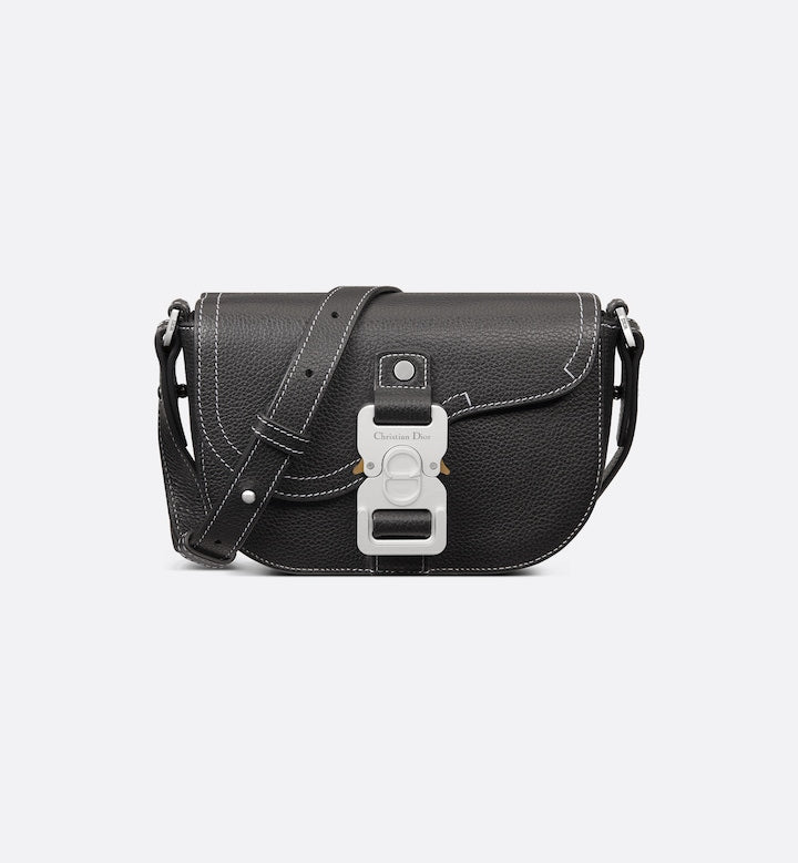 Black Grained Calfskin Mini Saddle Messenger Bag with Flap R58266
