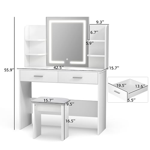 White Vanity Desk with Lighted Mirror and 6 Storage Shelves Q16386