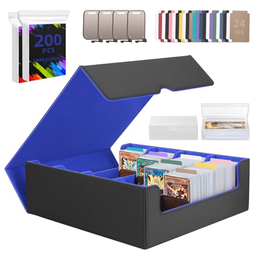 4 Rows Trading Card Storage Box 3200+ Card Organizer with 200 Sleeves & 24 Dividers Black & Blue E8913
