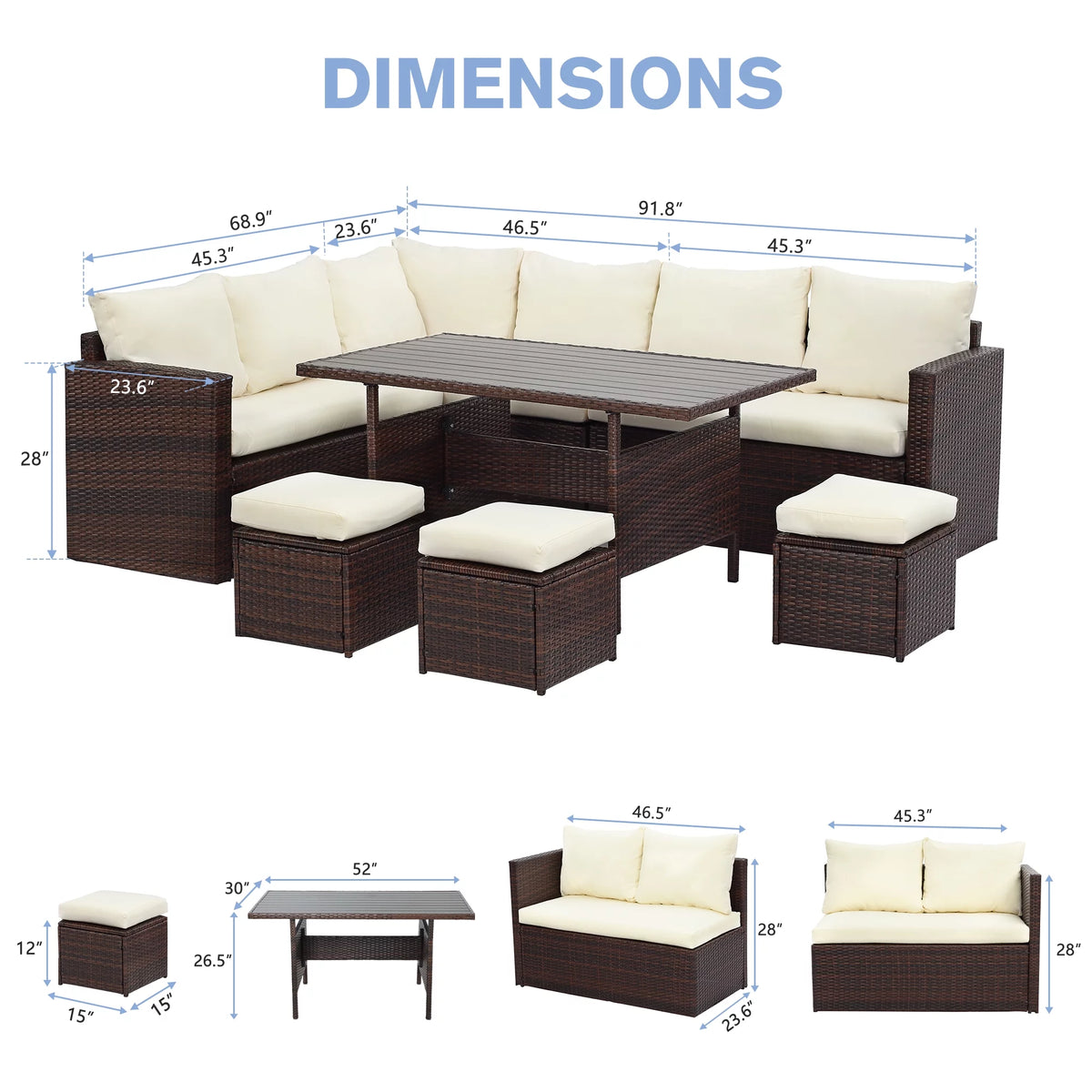 7 Piece All Weather Wicker Patio Furniture Set with Ottoman E45409