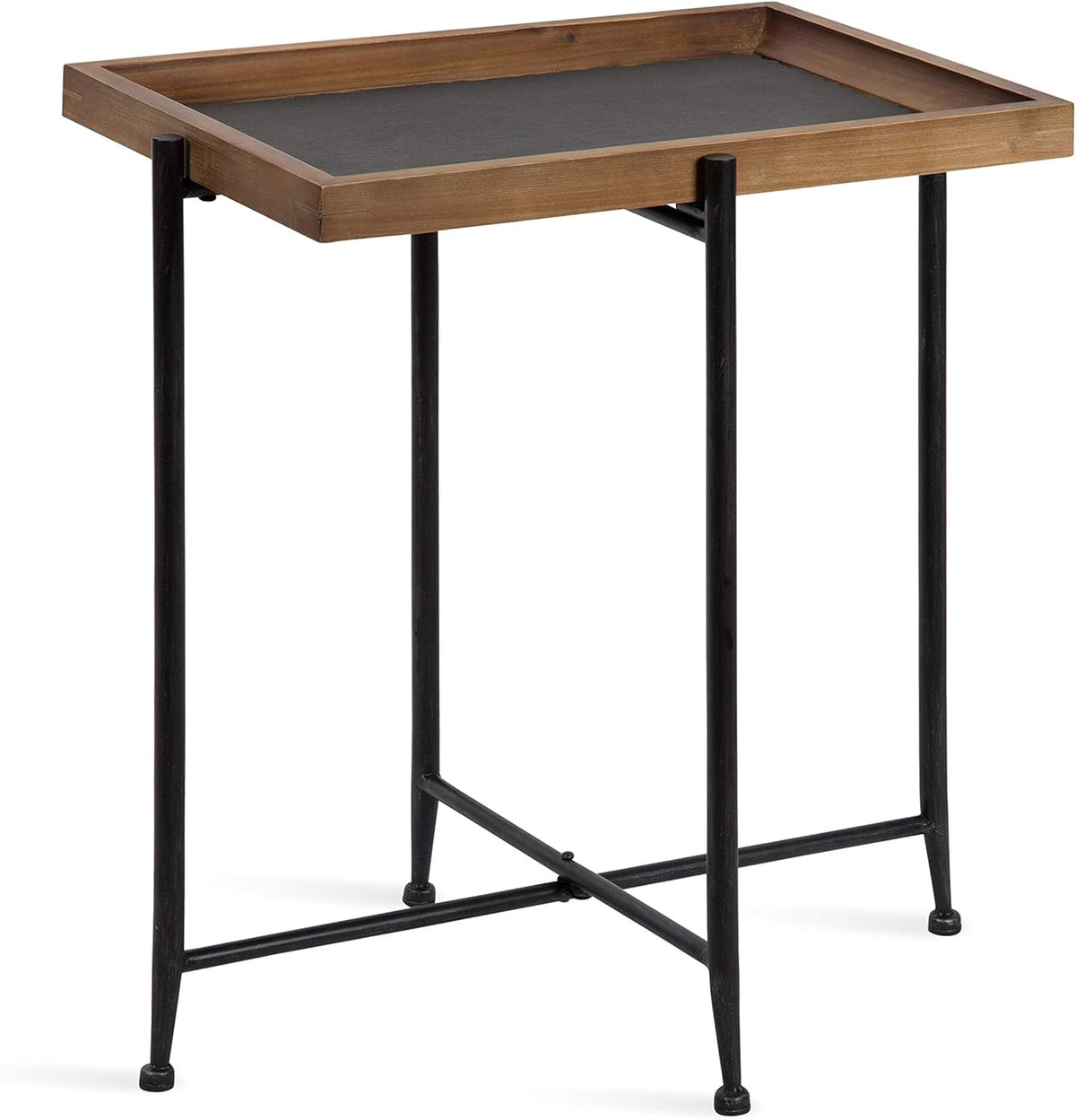 Industrial Modern Wood and Slate Side Accent Table with Black Iron Metal Base X7915