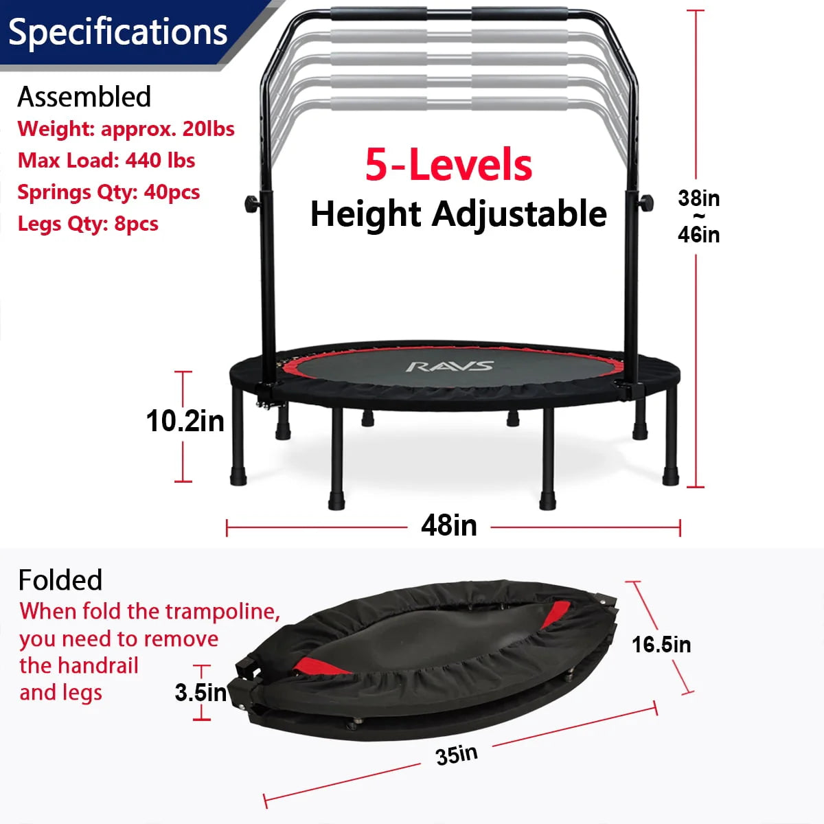 48'' Black Foldable Mini Fitness Trampoline with Handle O78415