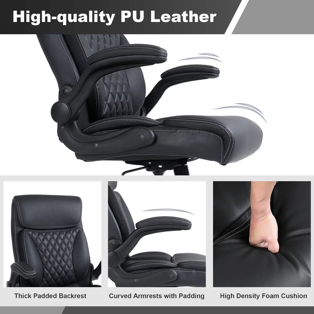 Black Ergonomic PU Leather Executive Office Chair with Lumbar Support Y475527