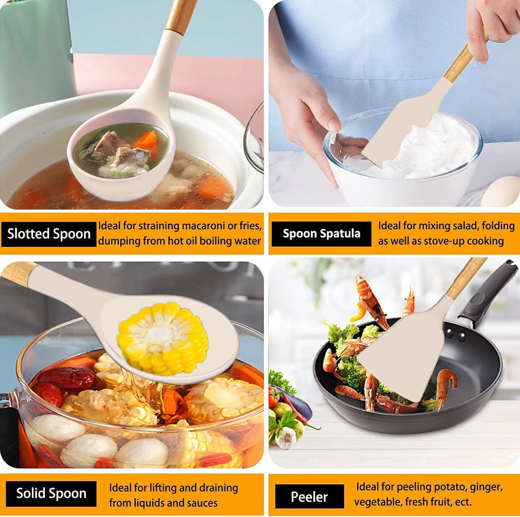 22 Piece Non-Stick Kitchen Utensils Set with Holder Wooden Handle J126