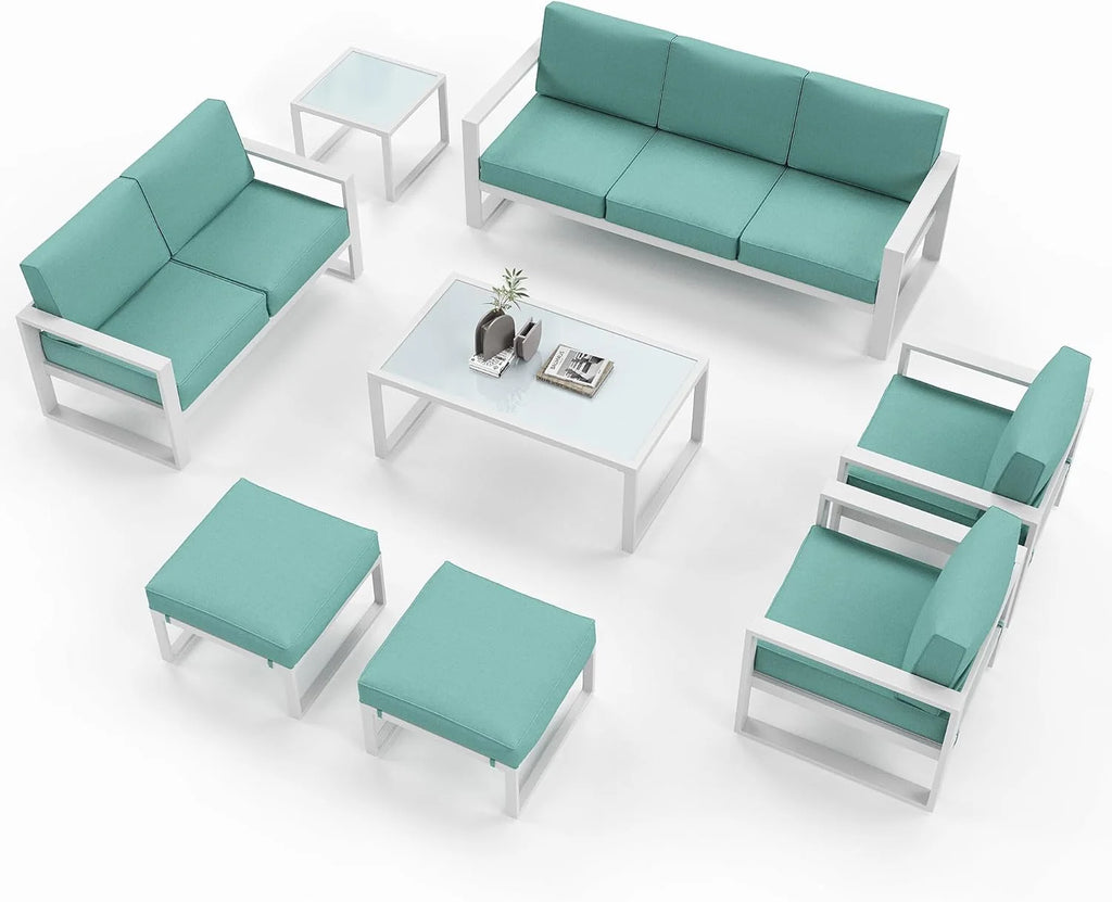 8 Pieces White Aluminum Patio Furniture Set with Ottoman and Coffee Table L45227