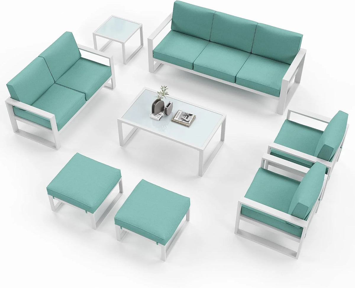 8 Pieces White Aluminum Patio Furniture Set with Ottoman and Coffee Table L45227