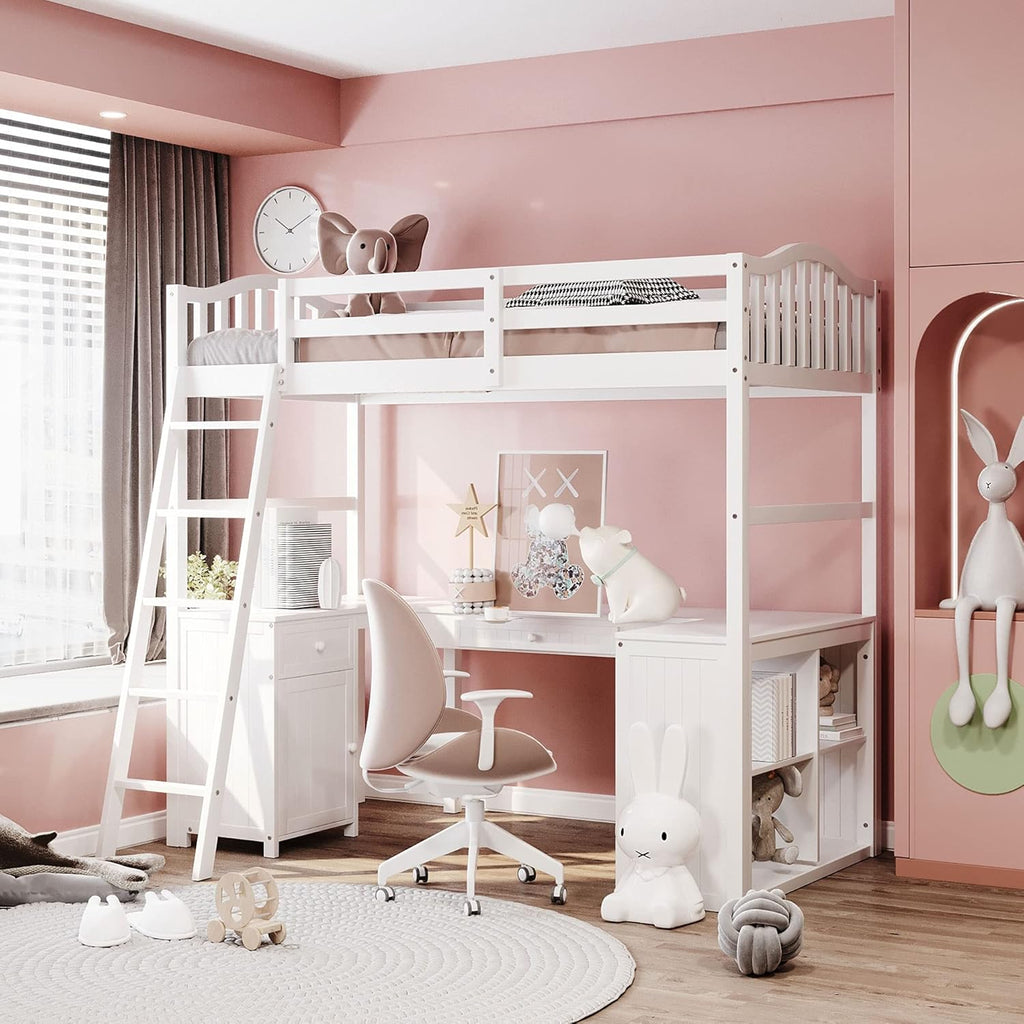 Twin Size Solid Wood Loft Bed with Desk and Storage Shelves A955