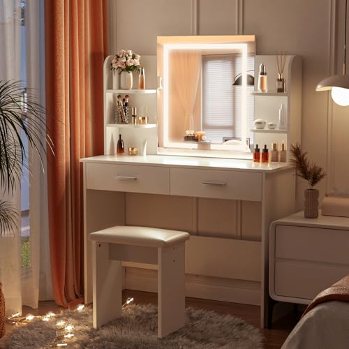 White Vanity Desk with Lighted Mirror and 6 Storage Shelves Q16386