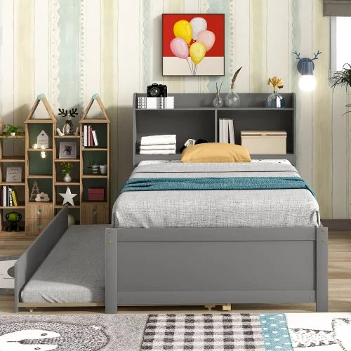 White Twin Size Wood Platform Bed with Trundle and Storage Headboard U30801
