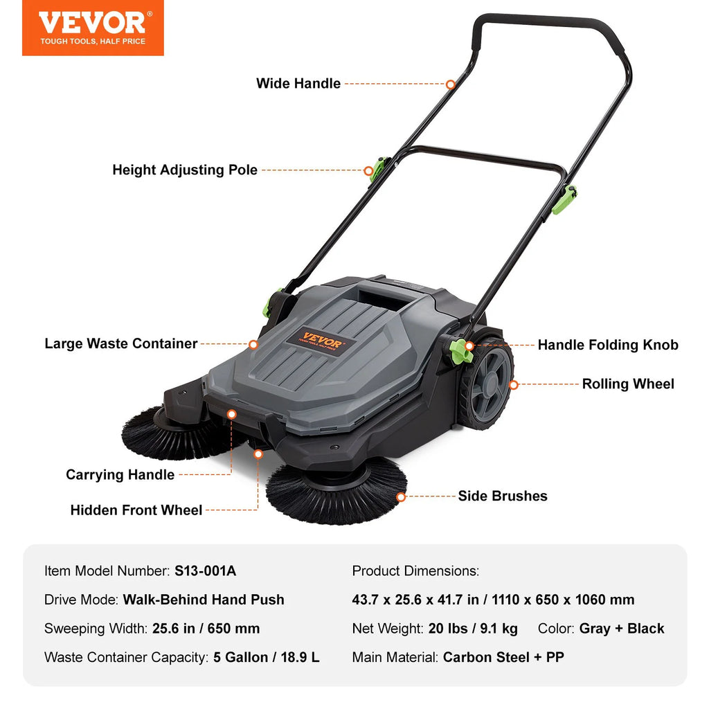 25.6" Manual Walk-behind Floor Sweeper with 5-Gallon Waste Container N44164