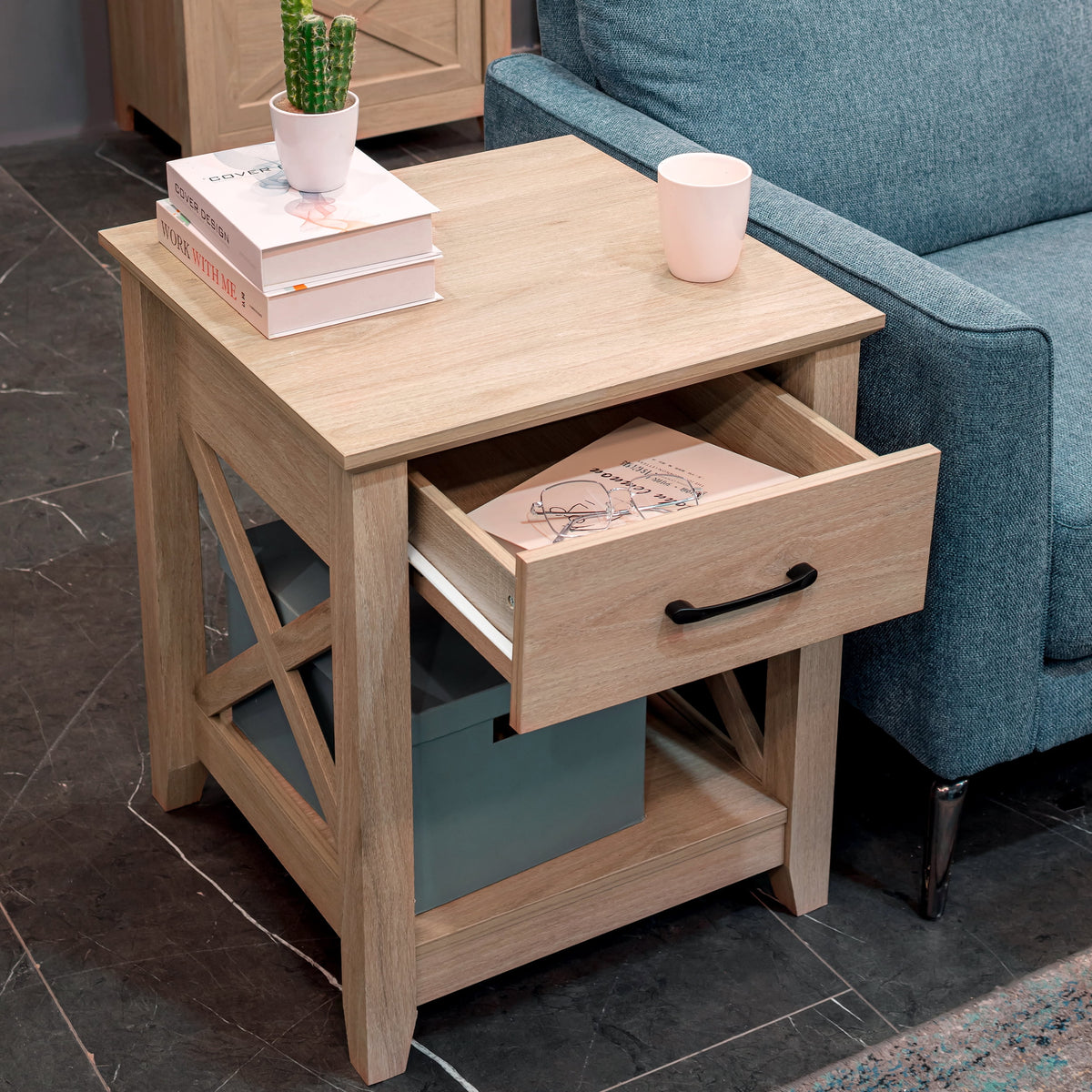 Farmhouse X-Design End Table with Storage Drawer Y816