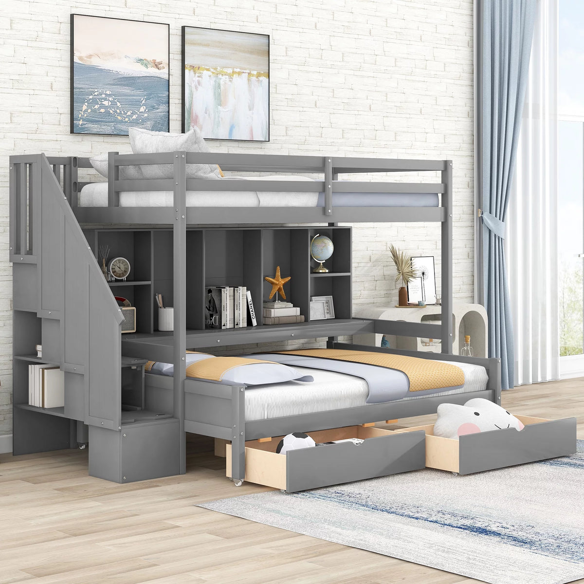 Twin Xl Over Full Bunk Bed with Storage Shelves, Drawers and Staircase, Gray Q1397