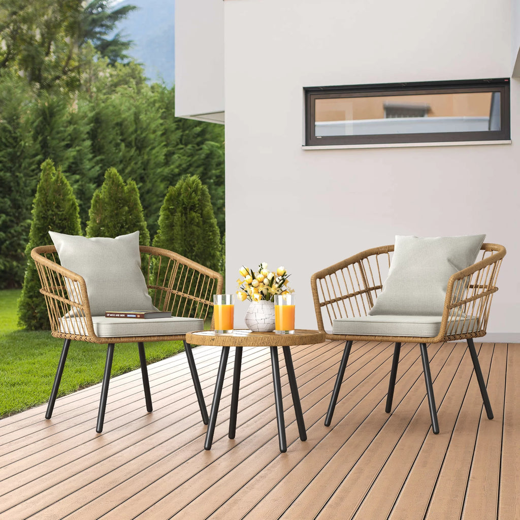 3 Pieces Outdoor Wicker Sofas Rattan Chairs with Gray Cushion and Rattan Coffee Table J322