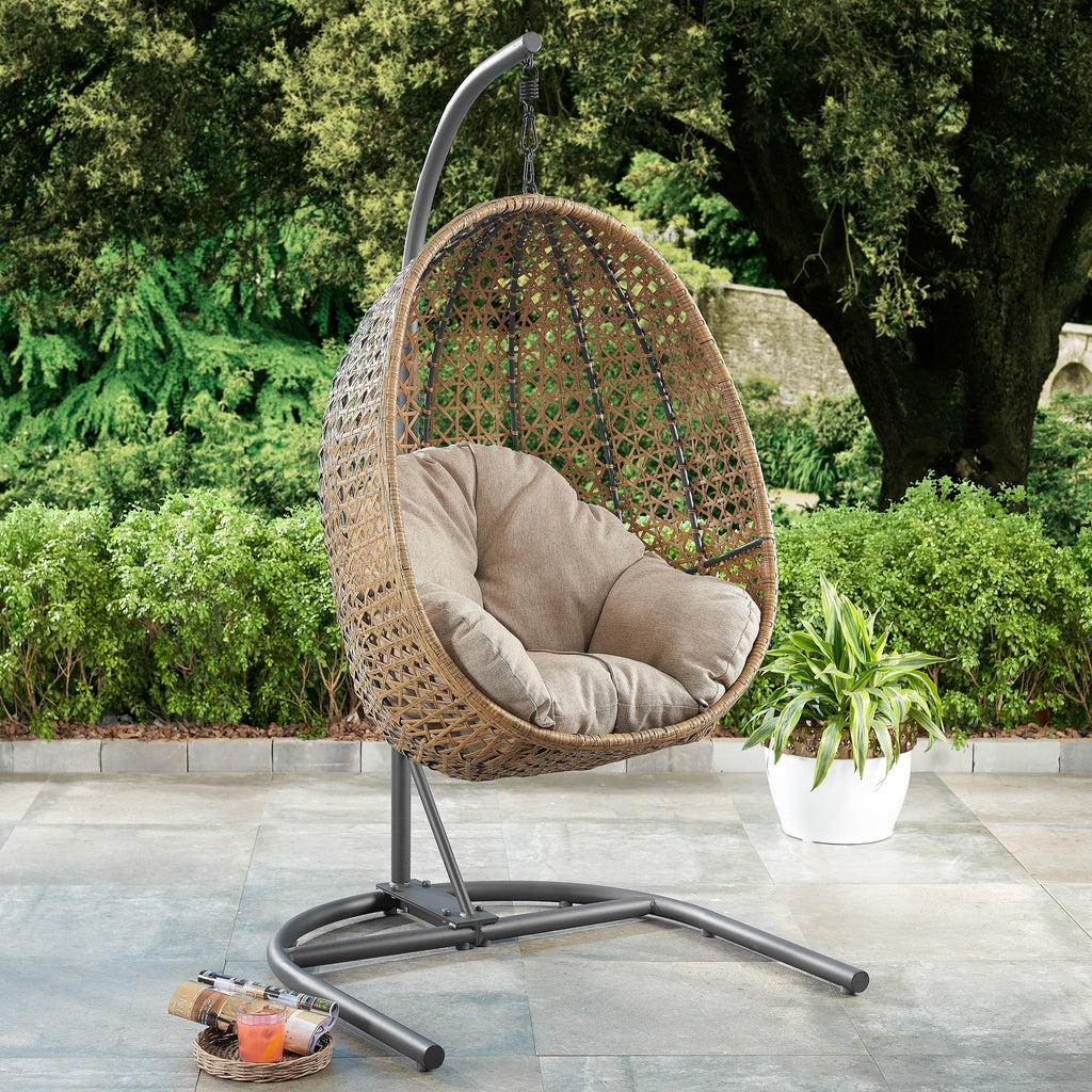 Hanging Egg Chair with Stand Tan Wicker Beige Cushion B546
