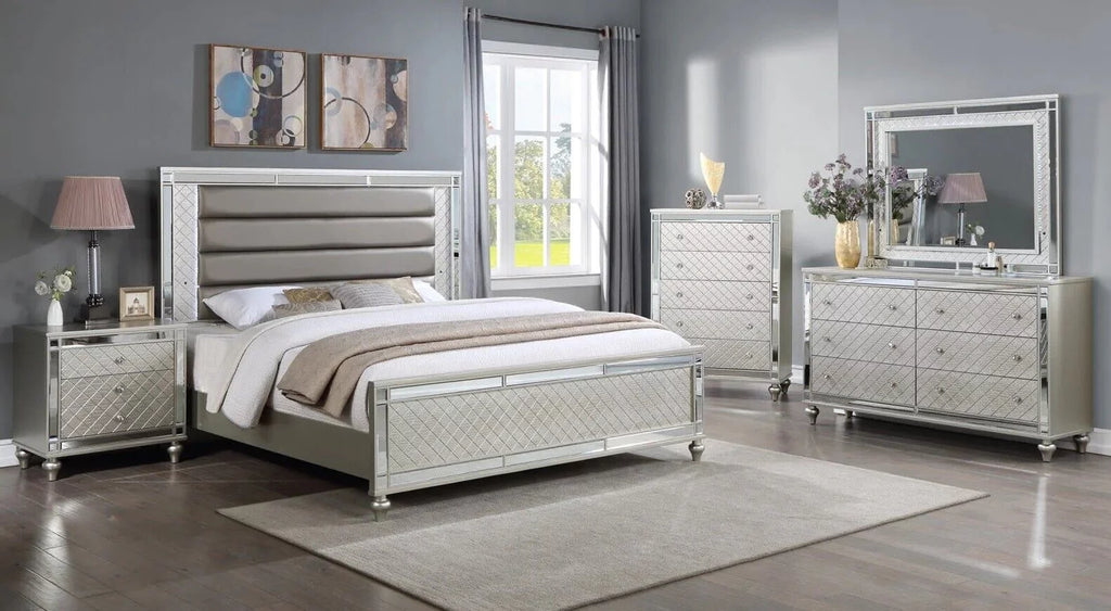6pc Queen Size Upholstery LED Bed Dresser Mirror Nightstand Chest Wooden Bedroom Furniture Set E7814
