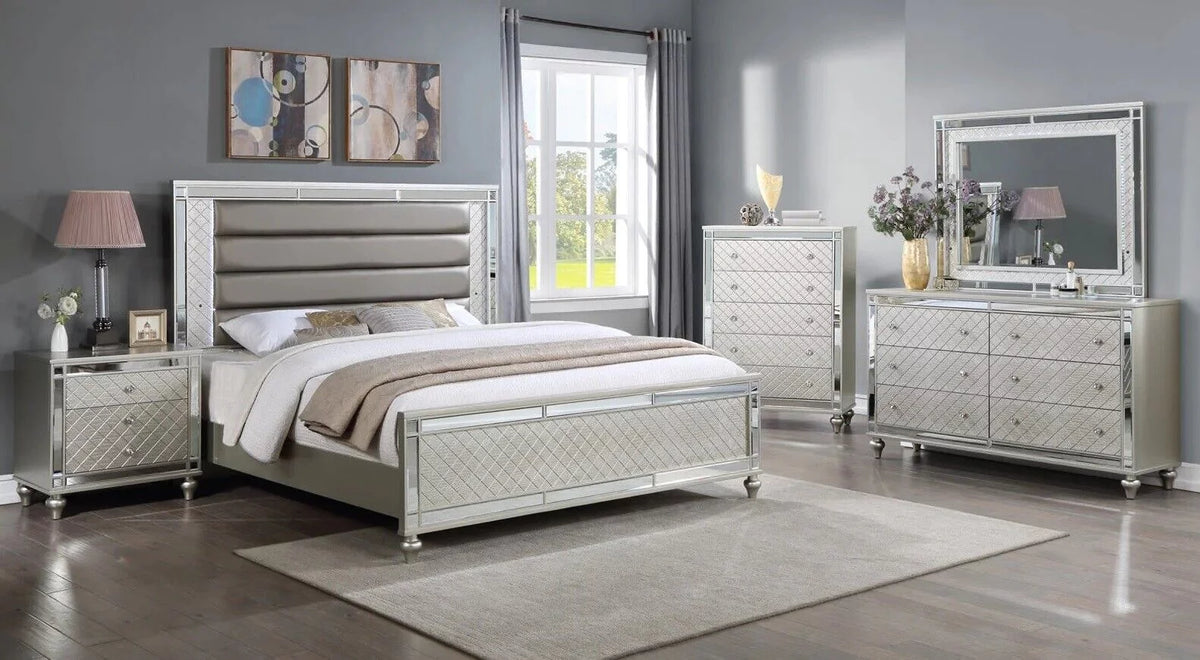 6pc Queen Size Upholstery LED Bed Dresser Mirror Nightstand Chest Wooden Bedroom Furniture Set E7814