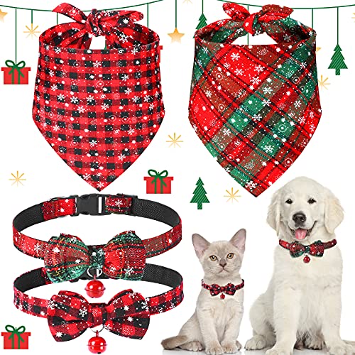 Christmas Dog Bandanas and Collars Set Plaid Adjustable with Safety Bell A610