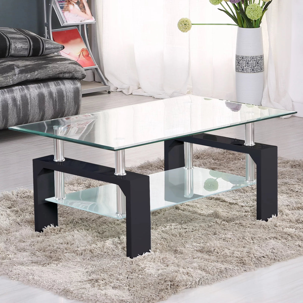 Black Rectangular Glass Top Coffee Table G488