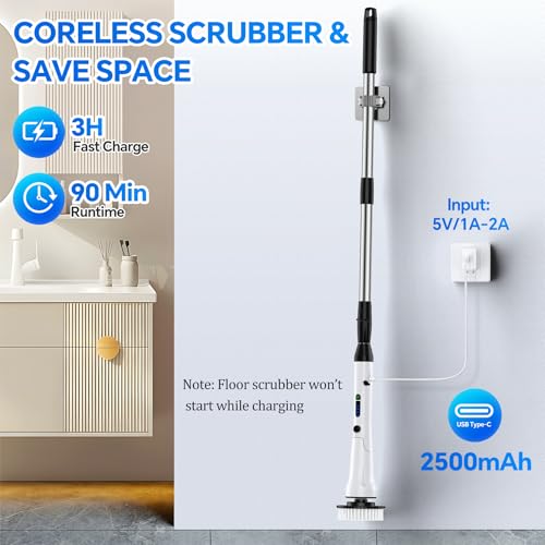 Electric Spin Scrubber with Long Handle, IPX7 Waterproof Cordless Cleaning Brush, 7 Replaceable Brush Heads, 2 Speeds J387586