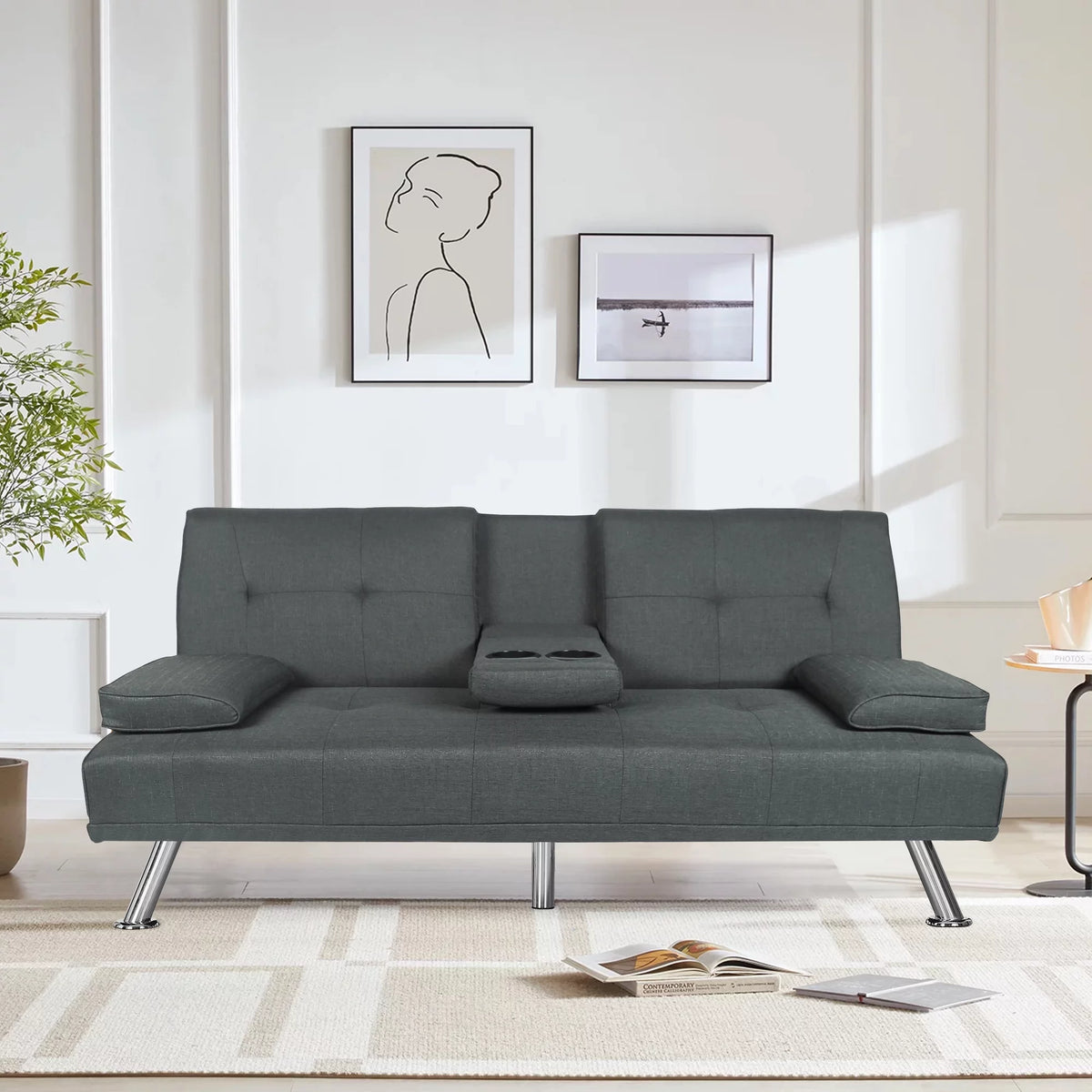 Dark Gray Linen Convertible Futon Sofa O96662